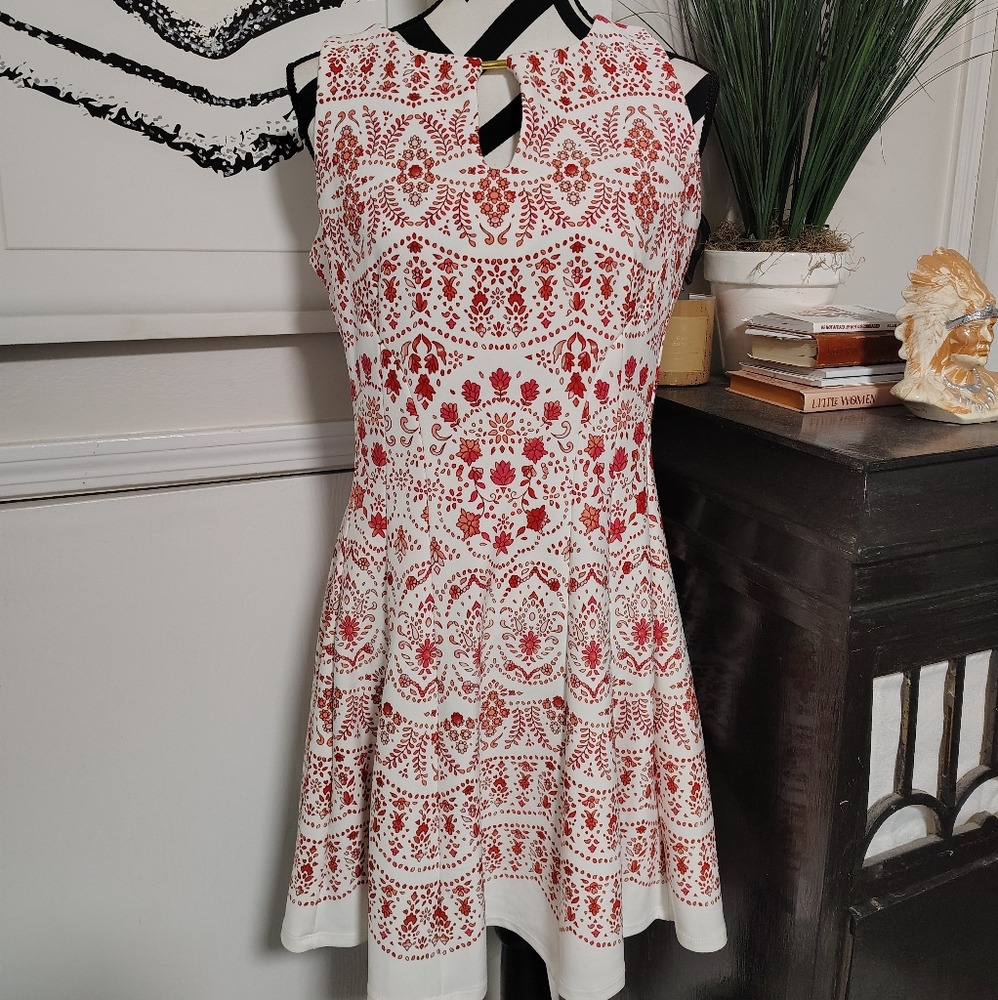 NWT Danny And Nicole Fit And Flare Floral Cream And Red Dress Women's 10P NEW!